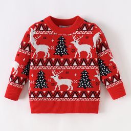 Kookie Kids Full Sleeves Pullover Sweater With Reindeer Design - Red-image-97