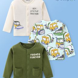 Babyoye 100% Cotton With Eco- Jiva Finish Full Sleeves Front Open Vests With Vehicles Print Pack of 3 - White & Green-image-70