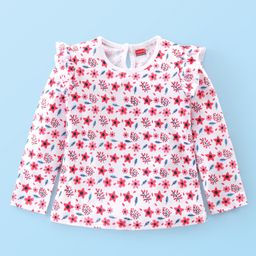 Babyhug Cotton Knit Full Sleeves Top With Frill Detailing & Floral Print - White-picture-21