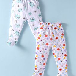 OHMS Single JerseyFull Length Footed Bootie Leggings with Floral & Animal Print Pack of 2 - Orange & Mint-image-26