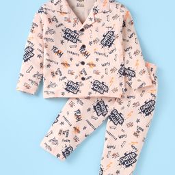 Smarty Boys 100% Cotton Knit Full Sleeves Front Open Text Printed Night Suit - Light Peach-image-55