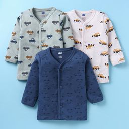 Simply Interlock Knit Front Open Vehicle Printed Vests Pack of 3 - White & Navy Blue-0