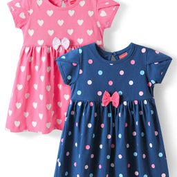 Babyhug Single Jersey Knit Half Sleeves Heart & Polka Dots Printed Frocks with Bow Applique - Pink & Blue-image-1