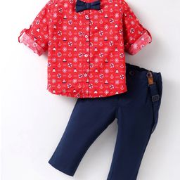 ToffyHouse 100% Cotton Knit Full Sleeves Nautical Theme Printed Shirt Trouser Set with Bow & Suspender - Navy Blue-image-101