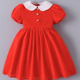Mark & Mia Half Puffed Sleeves Knee Length Solid Frock with Peter Pan Collar - Red-picture-20