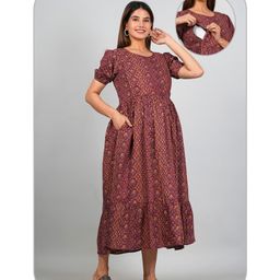 Kaheksa Cotton Half Puffed Sleeves Abstract Printed Maternity Dress With Nursing Access - Maroon-image-80