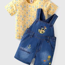 ToffyHouse Interlock Knit Half Sleeves T-Shirt & Dungaree with Boat Print & Embroidery - Navy Blue & Yellow-image-47