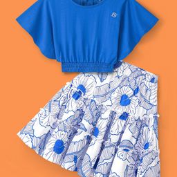 Ollington St. Cotton Half Sleeves Top & Floral Printed Skirt - Blue & White-image-80