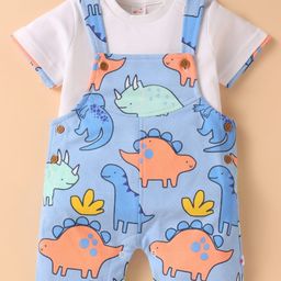 WOW Clothes Interlock Knit Dungaree & Half Sleeves T-Shirt With Dino Print - Light Blue & White-0