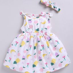 Snuggly MONKEY Poplin Sleeveless Fruits Printed Dress With Coordinating Headband Set - White-image-13