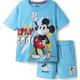 Honeyhap Disney 100% Cotton Half Sleeve Oversize Drop Shoulder T-Shirt & Shorts With Mickey Mouse Graphics And Badge Detailing - Blue-picture-16