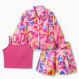 OLLINGTON ST. Georgette Floral Printed Co-ords Set of Full Sleeves Shrug & Shorts with Rib Top- Pink-image-6