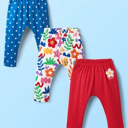 Babyhug Cotton Knit Full Length Floral & Polka Dot Printed Diaper Leggings Pack of 3 - Red White & Blue-image-87