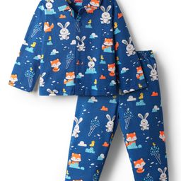 Babyhug Cotton Knit Full Sleeves Front Open Co-ords Night Suit With Animal Print - Blue-image-73