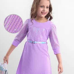 Hola Bonita Knit Full Sleeves Dress with Sequin Detailing & Belt - Lilac-picture-20