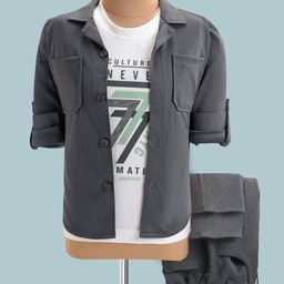 Rikidoos Full Sleeves Textured Pocket Detailed Shirt With Typography Printed Tee & Coordinating Pant Set - Dark Grey-image-84