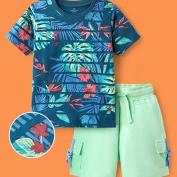 OLLINGTON ST. Cotton Half Sleeves Leaf Printed T-Shirt & Knit Shorts Set - Blue & Mint Green-picture-2