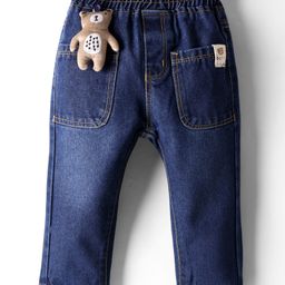 Little Kangaroos Denim Woven Full Length Jeans With Front Pockets & Teddy Bead Applique - Navy Blue-image-98