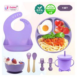 Puchku Premium 8 Pcs Silicone Baby Feeding Set, BPA Free & Microwave Safe Dinner Tableware Kit - Feeding Bowl, Suction Plate, Cup, Spoon, Fork & Bib for Kids ( Pack of 1, Purple)-image-22