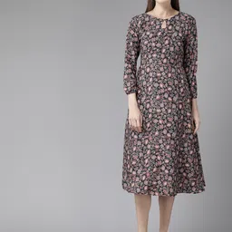 BAESD Floral Print Puff Sleeve A-Line Midi Dress-image-86