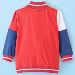 Babyhug 100% Cotton Knit Full Sleeves Front Open Bomber Jacket with Text Graphics & Embroidery Detailing - Red & White image 2