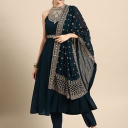 Anouk Women Teal Blue Ethnic Motifs Embroidered Kurta with Trousers & Dupatta-picture-12