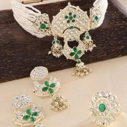Zaveri Pearls Green Kundan Multistrand Pearls Choker Necklace Earring & Ring Set-ZPFK13798-image-99