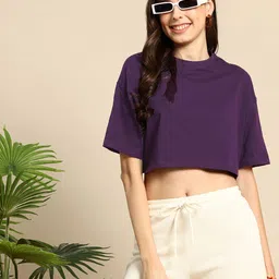 Mast & Harbour Drop-Shoulder Sleeves Pure Cotton Oversized Crop T-shirt-picture-28