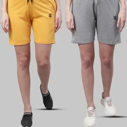 Vimal Jonney Yellow & Grey Melange Cotton Sports Shorts - Pack of 2-image-38