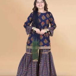 AJ Dezines Kids Blue Cotton Floral Print Full Sleeves Kurta Set-image-23