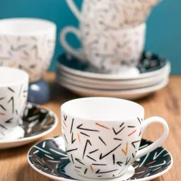 Clay Craft Printed Colour Black Line Fine Ceramic Cup Saucer Set of 12 ( 6 Cups + 6 Saucers) - 180 ml each-67