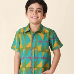 Fabindia Boys Teal Printed Shirt-image-4