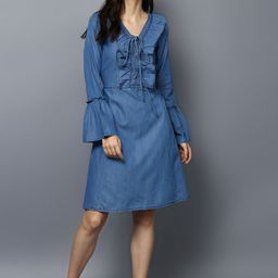 StyleStone Women Blue Solid Fit and Flare Denim Dress-image-28