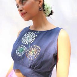 Chidiyaa Flora Blue Dandelion Sleeveless Hand Embroidered Handwoven Cotton Blouse Fos-image-21