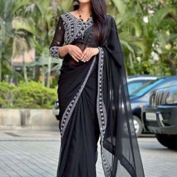 Satrani Black Embroidered Saree With Unstitched Blouse-image-18