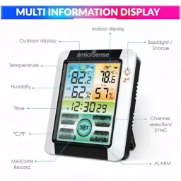 amiciSense Digital Weather Station, Outdoor/Indoor Temperature and Humidity Monitoring Device with Touch Screen and Clock Function image 3