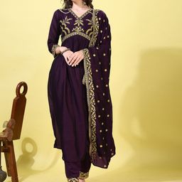 Hirvanti Fashion Ethnic Motifs Embroidered Thread Work Kurta With Trousers And Dupatta-51