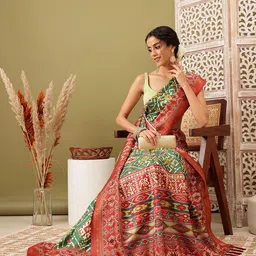 Silk Land Ethnic Motifs Zari Ikat Saree With Blouse Piece-picture-20