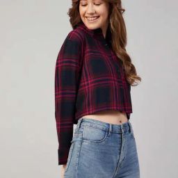 Chimpanzee Navy & Pink Chequered Cropped Shirt-image-73