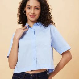 Globus Blue Cotton Regular Fit Cropped Shirt-image-15