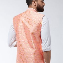 SOJANYA Men Peach-Coloured & Gold-Coloured Woven Design Nehru Jacket image 3