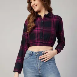 Chimpanzee Navy & Pink Chequered Cropped Shirt-image-73