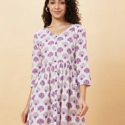 Globus Mauve & White Cotton Floral Print Shirt Dress-image-50
