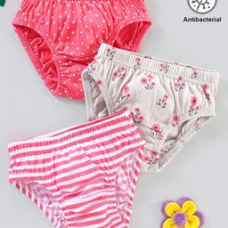 Babyhug 100% Cotton Knit Anti-Bacterial Panties Striped Floral & Polka Dots Print Pack of 3 - Pink Grey-image-57
