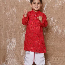 AJ Dezines Pure Cotton Full Sleeves Bandhej Printed Kurta & Dhoti Set - Red-picture-7