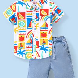 Babyhug Cotton Woven Half Sleeves Sailboats Printed Shirt & Denim Shorts Set - Multicolor-image-101