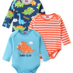 Babyhug 100% Cotton Knit Full Sleeves Dino Printed Onesies Pack of 3 - Multicolour-image-51