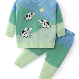 Babyhug Knit Full Sleeves Sweater Set with Colour Block Design & Moo Patch Detailing - Green-image-52
