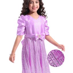 Hola Bonita Puff Sleeves Satin Sequined Party Frock with Bow Applique - Lilac-picture-26