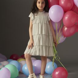 KIDSDEW Net Sleeveless Star Foiled Knee Length  Party Dress - Grey-image-3